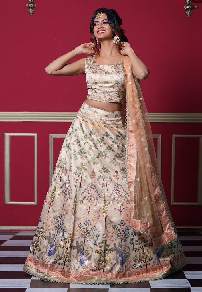 Floral Printed Light Beige Silk A-line Lehenga