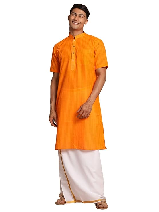 Men's Orange And White Pure Cotton Kurta And Mundu Set