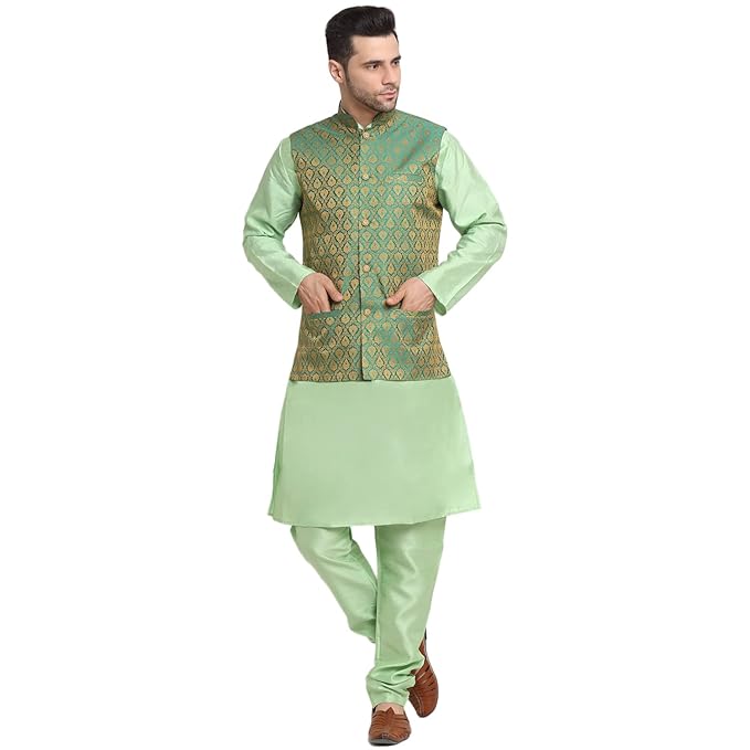 Mens Sea Green Silk Blend Kurta and Churidar Set with Jacquard Paisley Nehru Jacket