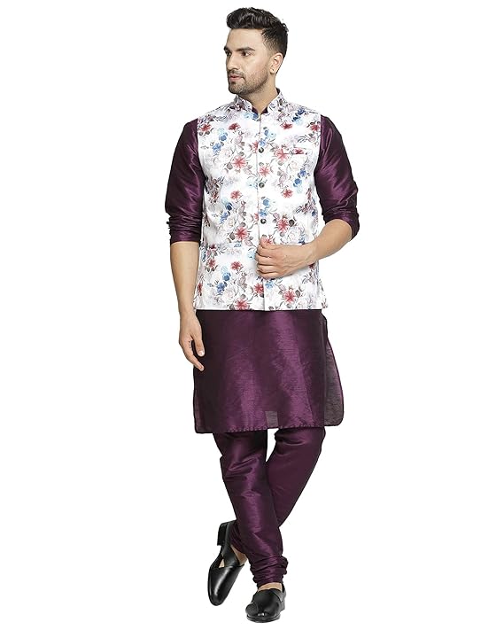 Men's Silk Kurta Pyjama & Printed Nehru Jacket Set