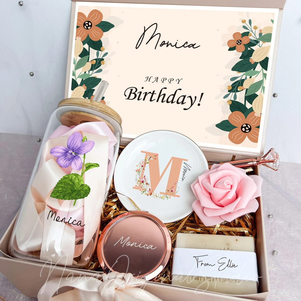 Unique Birthday Gift Box, Gift Box Set With Birth Month Flower Glass Cup, Friendship Gift Box, Holiday Basket for Her