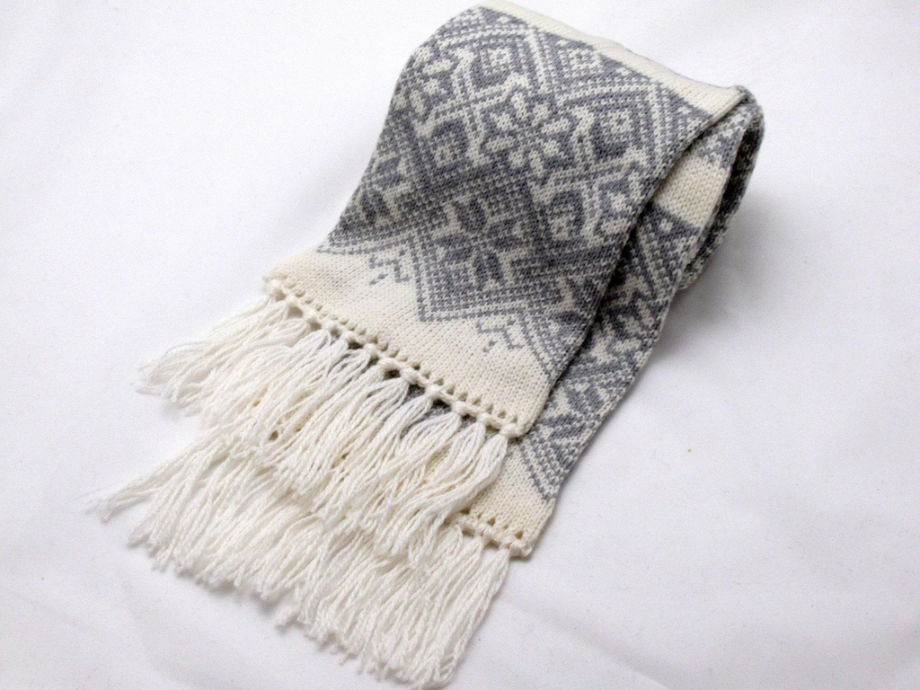 Handmade knitted long warm winter scarf with double-sided Scandinavian pattern - pure wool