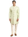 Men's Sherwani Churidar Set Indo-Western, Green Silk Blend, Jacquard Long Sleeves Regular Fit Mandarin Collar